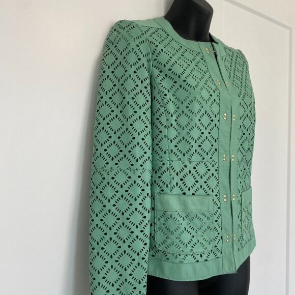 Luisa Spagnoli Long Sleeve Teal Genuine Leather Jacket Women's Size Medium 40 - Picture 2 of 9